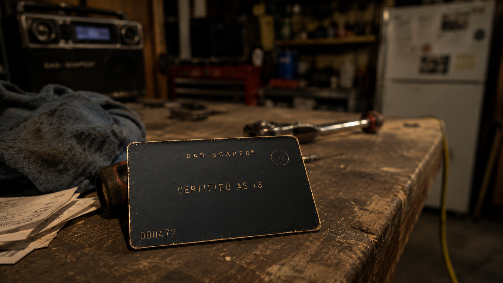 Black Dad-Scaped card on a garage workbench.